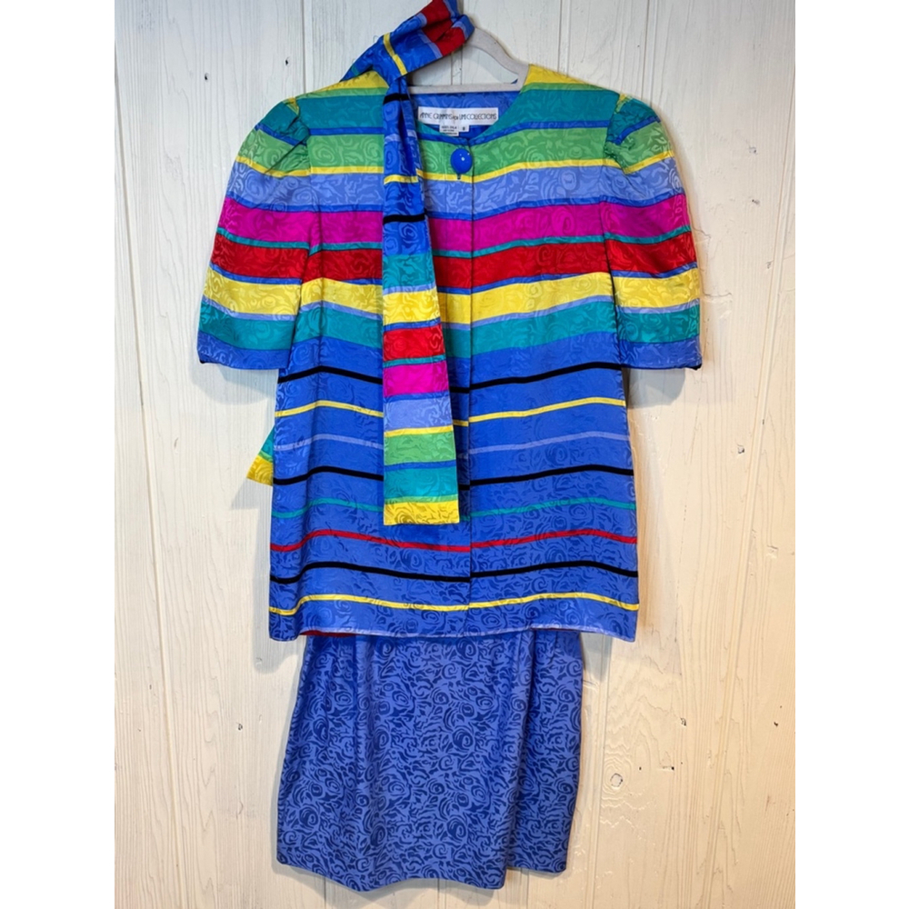 Anne Crimmins Skirt Suit Women's Size 8 Blue Multicolor Silk